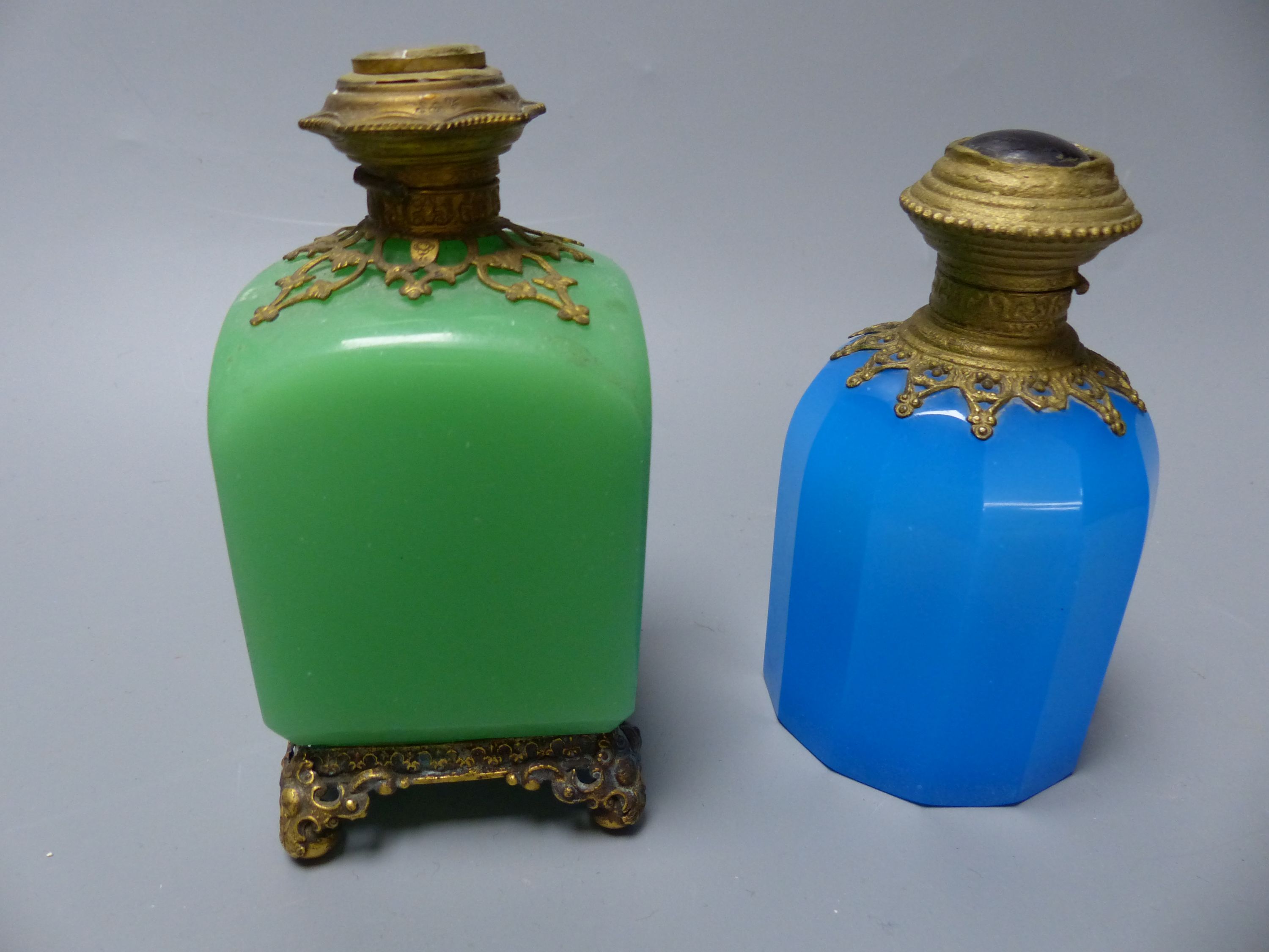 A group of French coloured opaline glass with gilt metal mounts and a satin glass vase, tallest 23.5cm